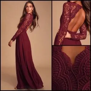 Dresses Modest Burgundy Lace Boho Dress Burgundy Long Sleeve Lace Maxi Dress  Womens Small 100% Polyester